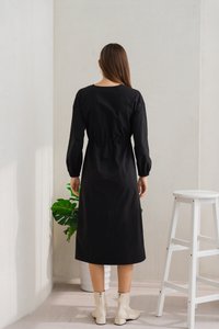 Doris Button Down Drawstring Midi Dress in Black