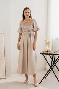 Sephiana Sweetheart Ruched Maxi Dress in Stone