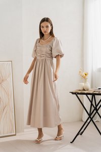Sephiana Sweetheart Ruched Maxi Dress in Stone