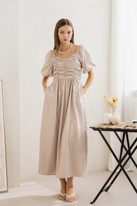 Sephiana Sweetheart Ruched Maxi Dress in Stone