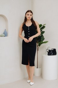 Felicia Button Denim Midi Dress in Black (XS)