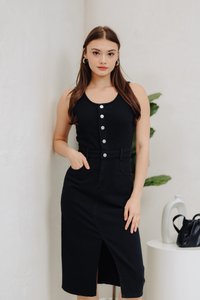 Felicia Button Denim Midi Dress in Black (XS)