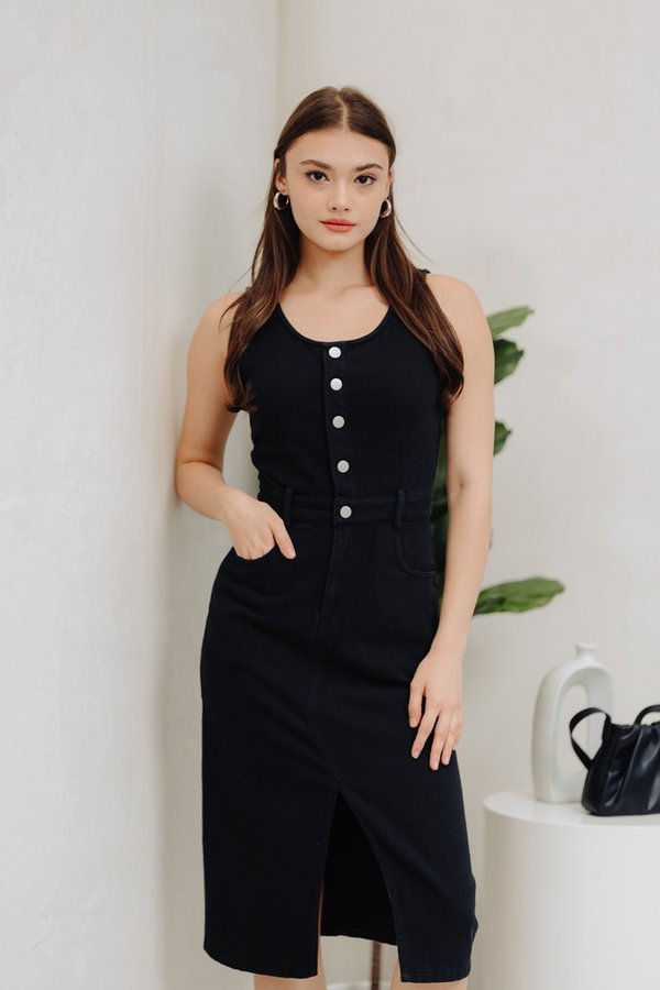 Felicia Button Denim Midi Dress in Black (XS)
