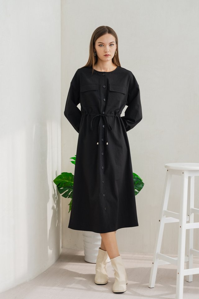 Doris Button Down Drawstring Midi Dress in Black
