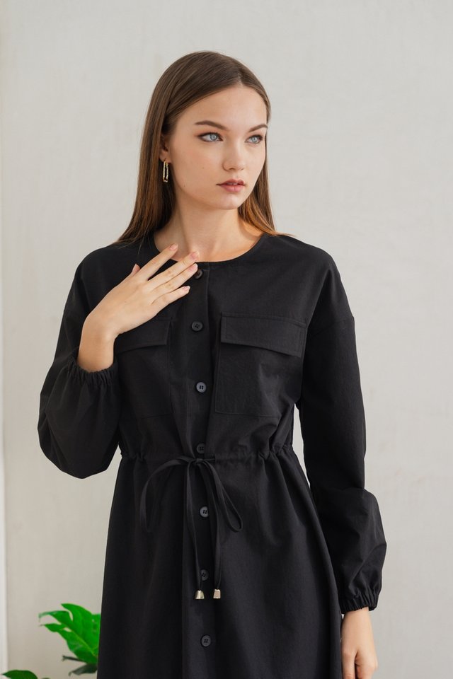 Doris Button Down Drawstring Midi Dress in Black