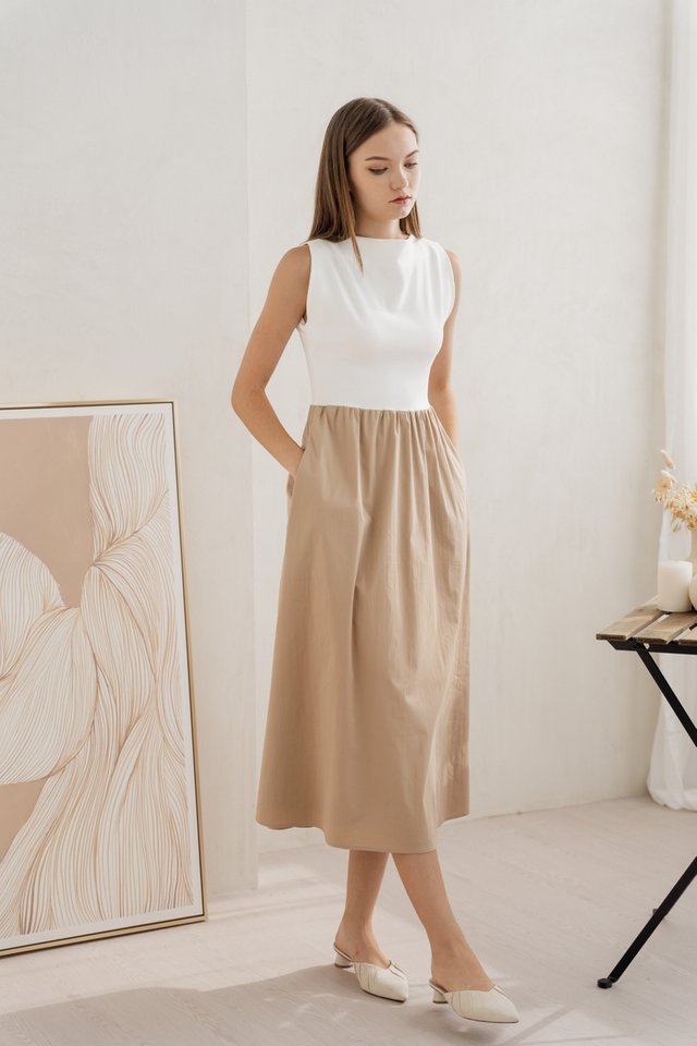 Flora Two-Tone Boatneck Maxi Dress in Latte