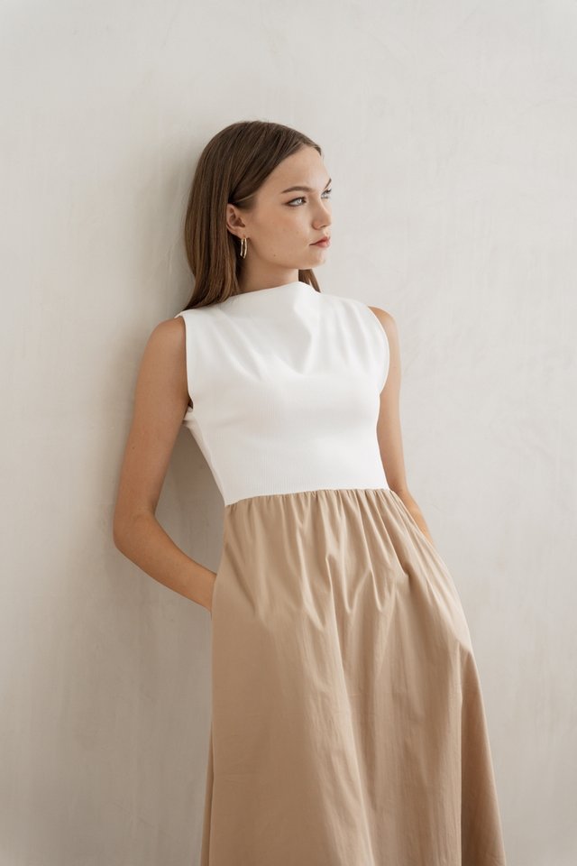 Flora Two-Tone Boatneck Maxi Dress in Latte