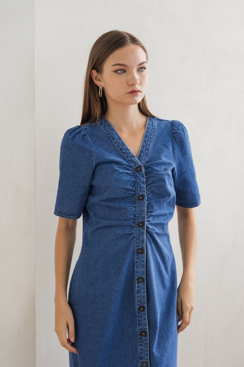 Belle Front Ruched Denim Dress (XS)