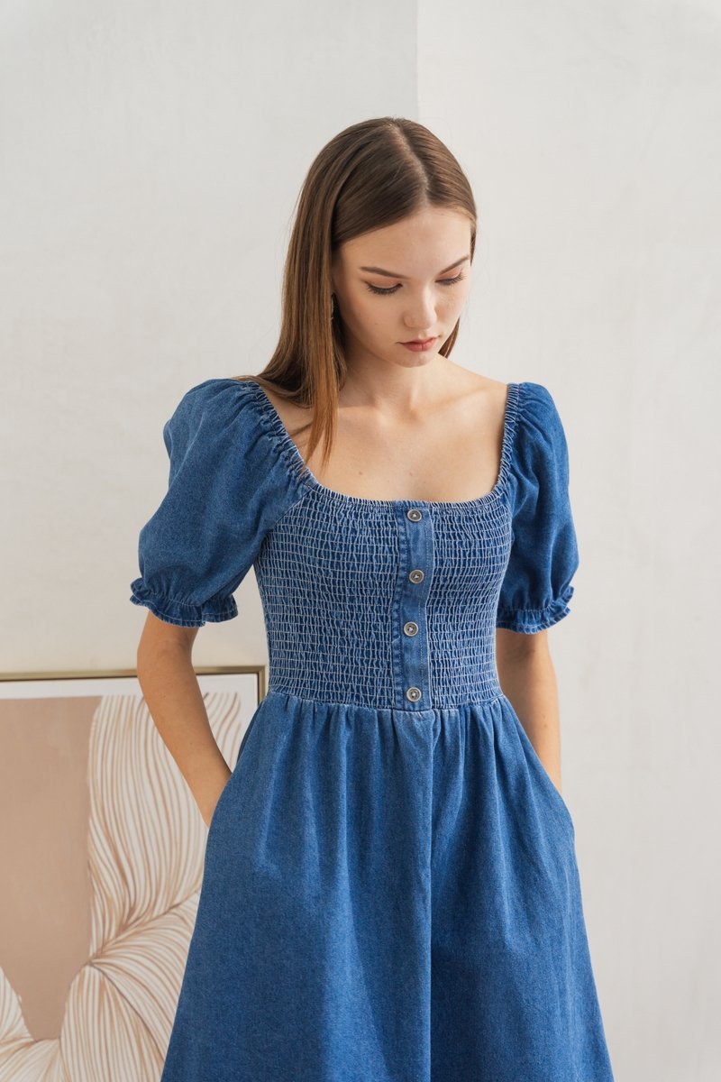 Louisa Smocked Denim Dress (XS)