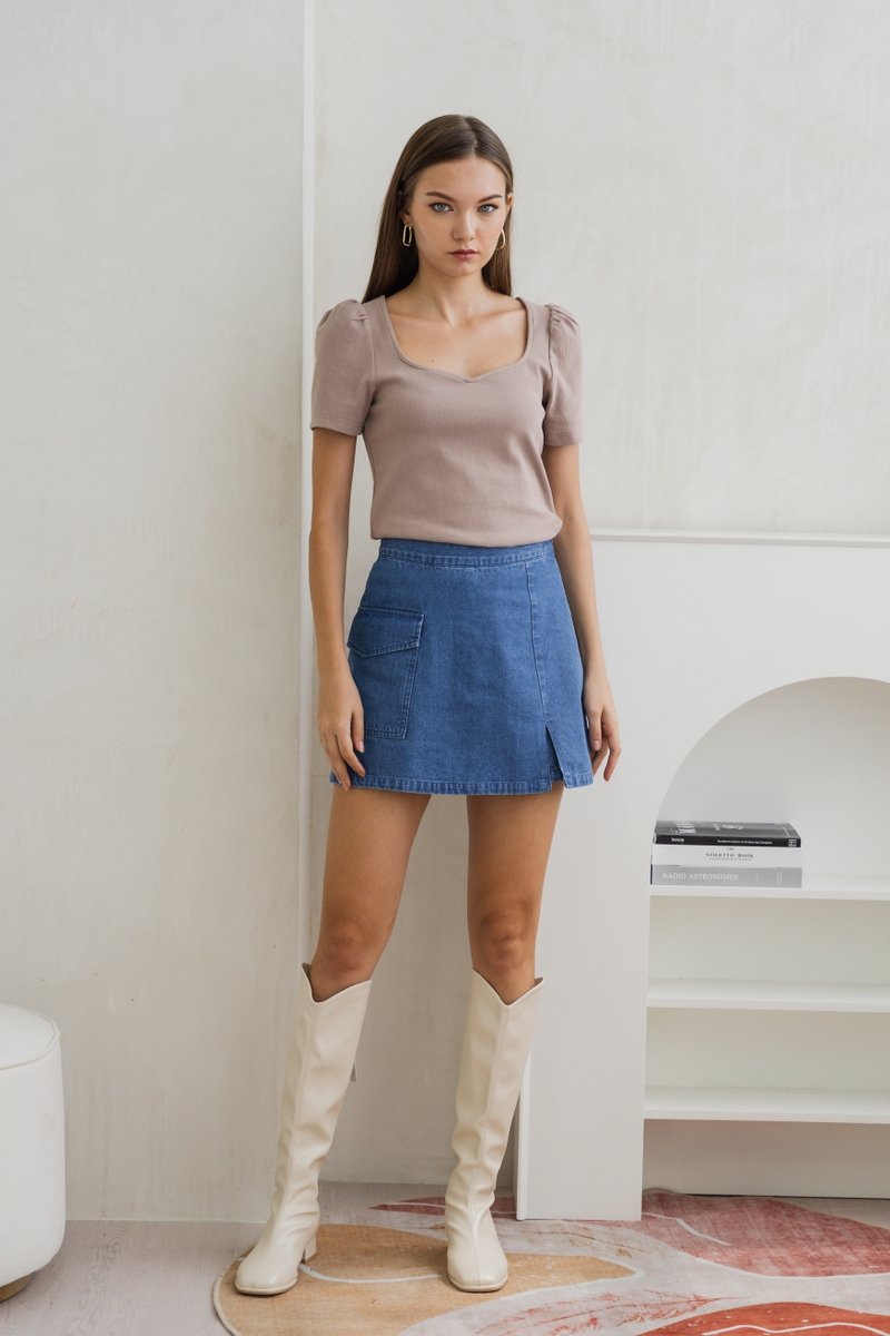 Talia Slit Denim Skort in Mid Wash