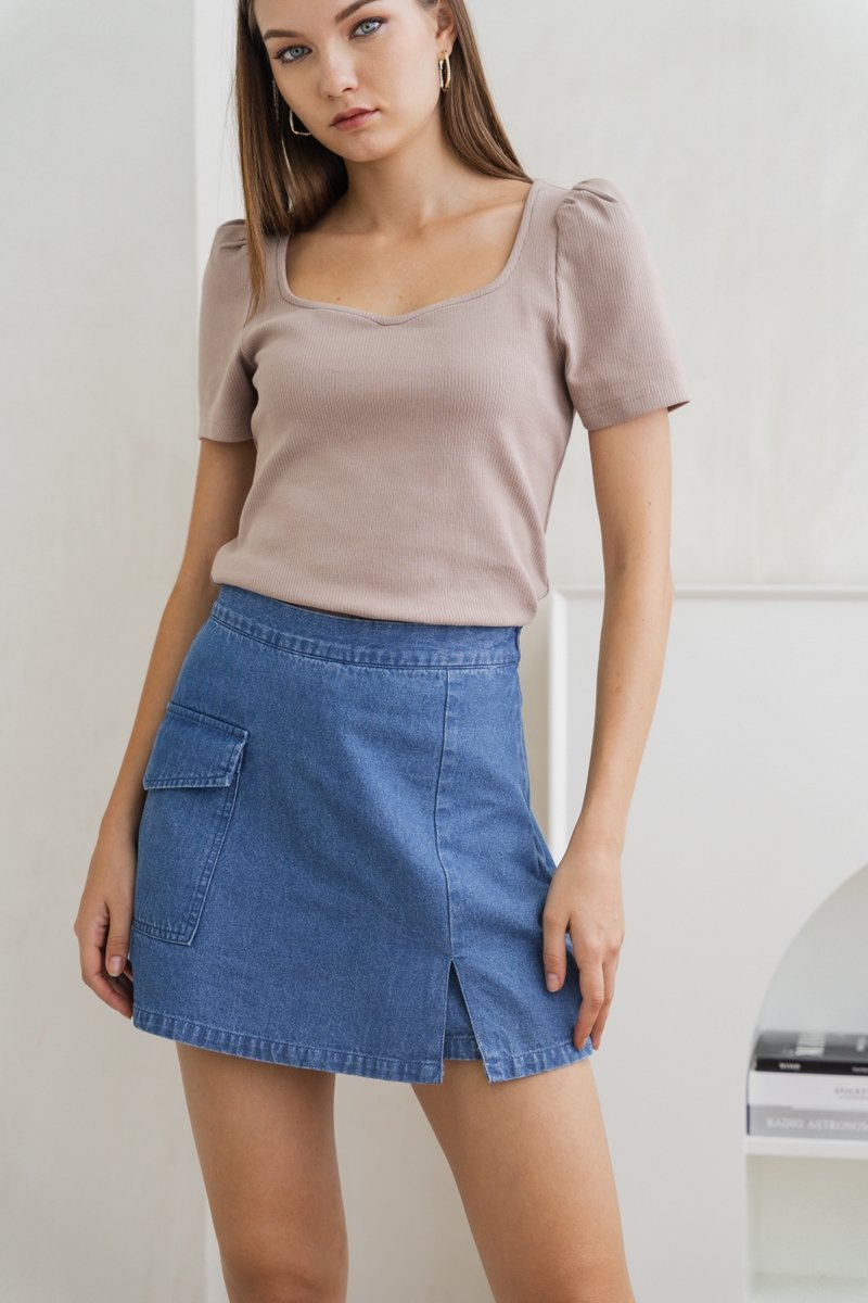 Talia Slit Denim Skort in Mid Wash