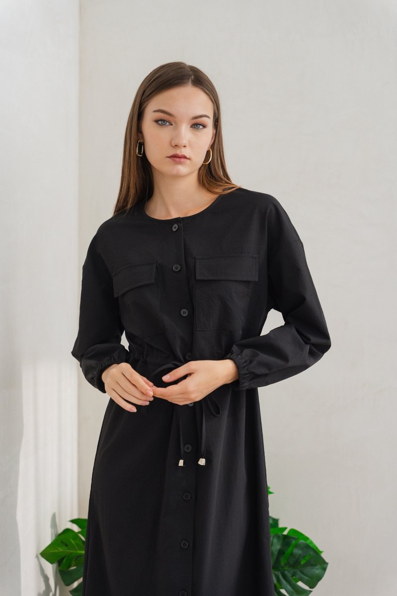 Doris Button Down Drawstring Midi Dress in Black