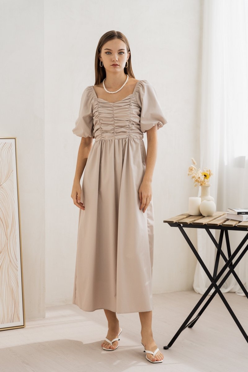 Sephiana Sweetheart Ruched Maxi Dress in Stone