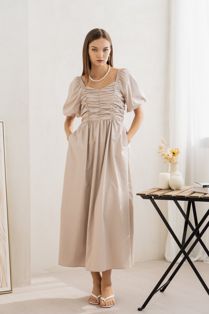 Sephiana Sweetheart Ruched Maxi Dress in Stone