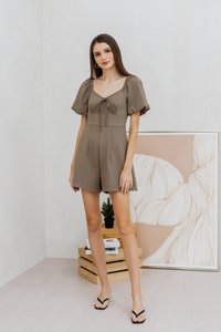 Anneliese Empire Waist Cotton Romper in Khaki Brown (XS)