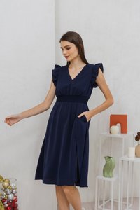 Devyn Ruffle Sleeves Smocked Midi Dress in Navy (S)