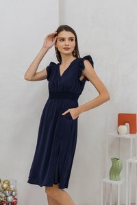 Devyn Ruffle Sleeves Smocked Midi Dress in Navy (S)