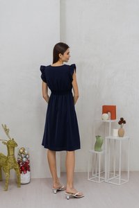 Devyn Ruffle Sleeves Smocked Midi Dress in Navy (S)