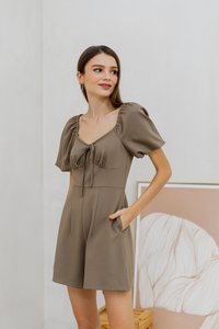 Anneliese Empire Waist Cotton Romper in Khaki Brown (XS)