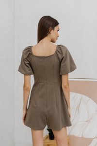 Anneliese Empire Waist Cotton Romper in Khaki Brown (XS)