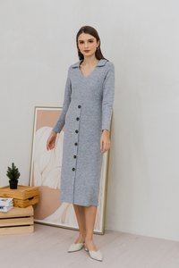 Peyton Collar Button Knit Midi Dress in Grey (XS)