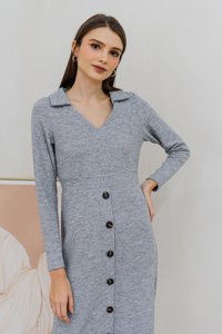 Peyton Collar Button Knit Midi Dress in Grey (XS)