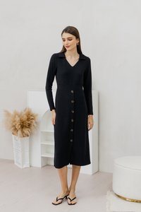 Peyton Collar Button Knit Midi Dress in Black