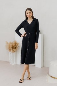 Peyton Collar Button Knit Midi Dress in Black