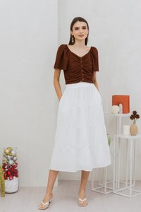 Rowena Textured Ruched Button Top in Brown