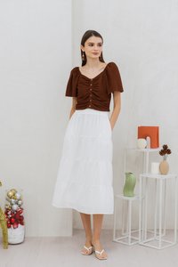 Rowena Textured Ruched Button Top in Brown