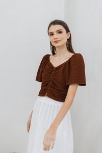 Rowena Textured Ruched Button Top in Brown
