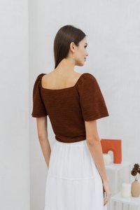 Rowena Textured Ruched Button Top in Brown