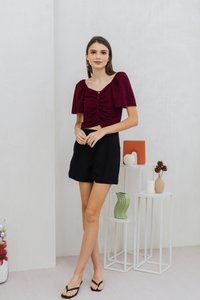 Rowena Textured Ruched Button Top in Wine (XS)