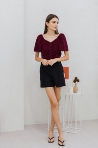 Rowena Textured Ruched Button Top in Wine (XS)
