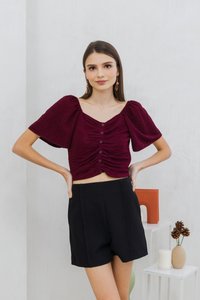 Rowena Textured Ruched Button Top in Wine (XS)