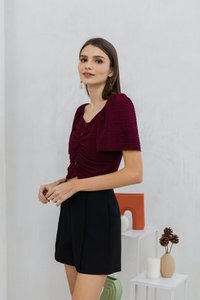 Rowena Textured Ruched Button Top in Wine (XS)