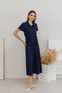 Genevieve Side Ruched Button Maxi Dress in Navy (XS)