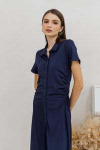Genevieve Side Ruched Button Maxi Dress in Navy (XS)
