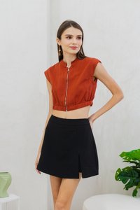 Nala Front Zip Denim Crop Top in Rust(XS)