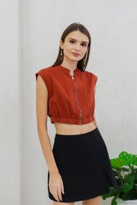 Nala Front Zip Denim Crop Top in Rust(XS)