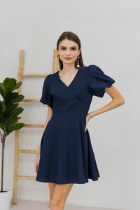 Carolina Puff Sleeve Empire Dress in Navy (XS)