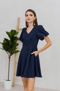 Carolina Puff Sleeve Empire Dress in Navy (XS)