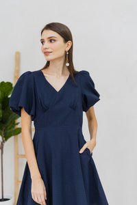Carolina Puff Sleeve Empire Dress in Navy (XS)