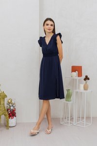 Devyn Ruffle Sleeves Smocked Midi Dress in Navy (S)