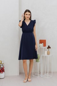 Devyn Ruffle Sleeves Smocked Midi Dress in Navy (S)