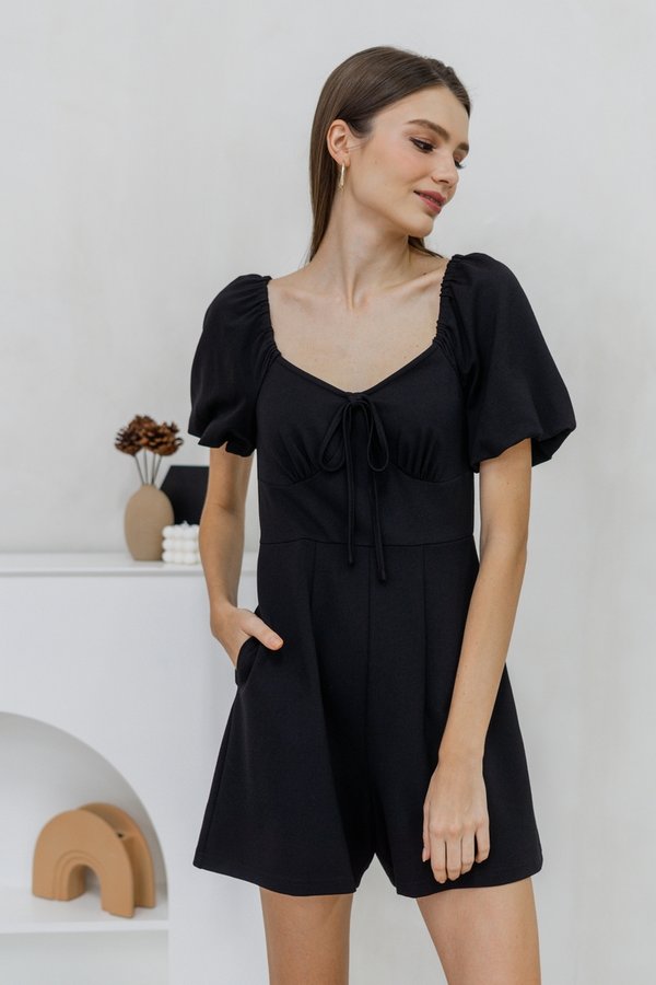 Anneliese Empire Waist Cotton Romper in Black (XS)