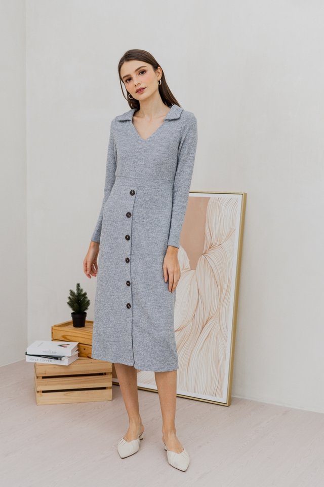 Peyton Collar Button Knit Midi Dress in Grey