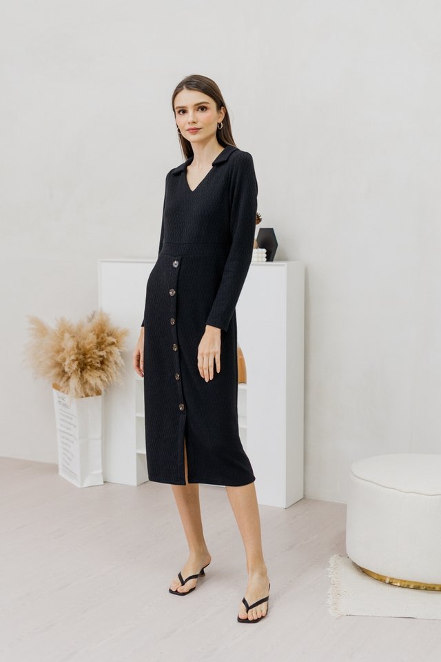 Peyton Collar Button Knit Midi Dress in Black
