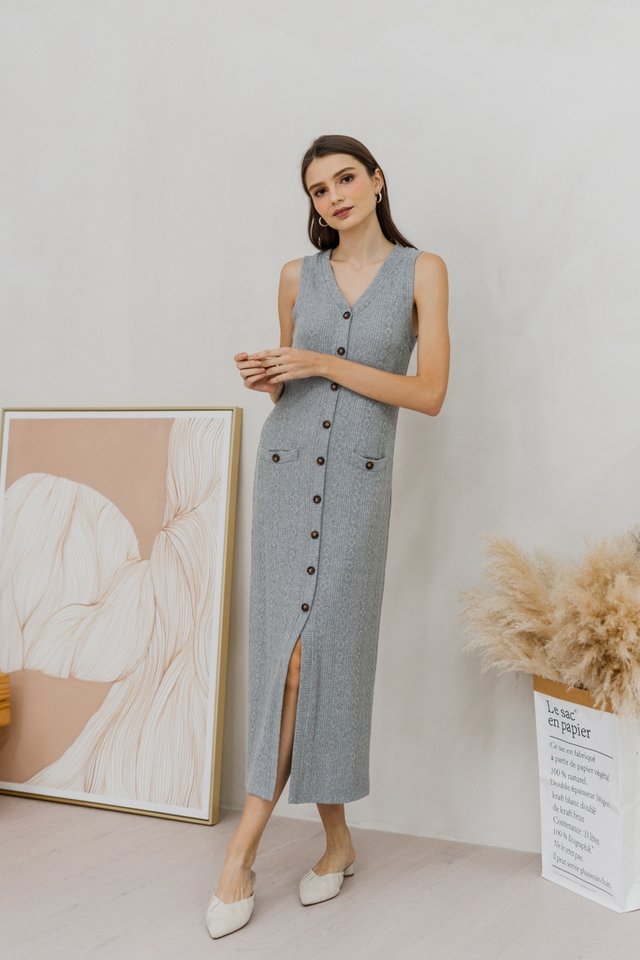 Mila Button Knit Maxi Dress in Grey