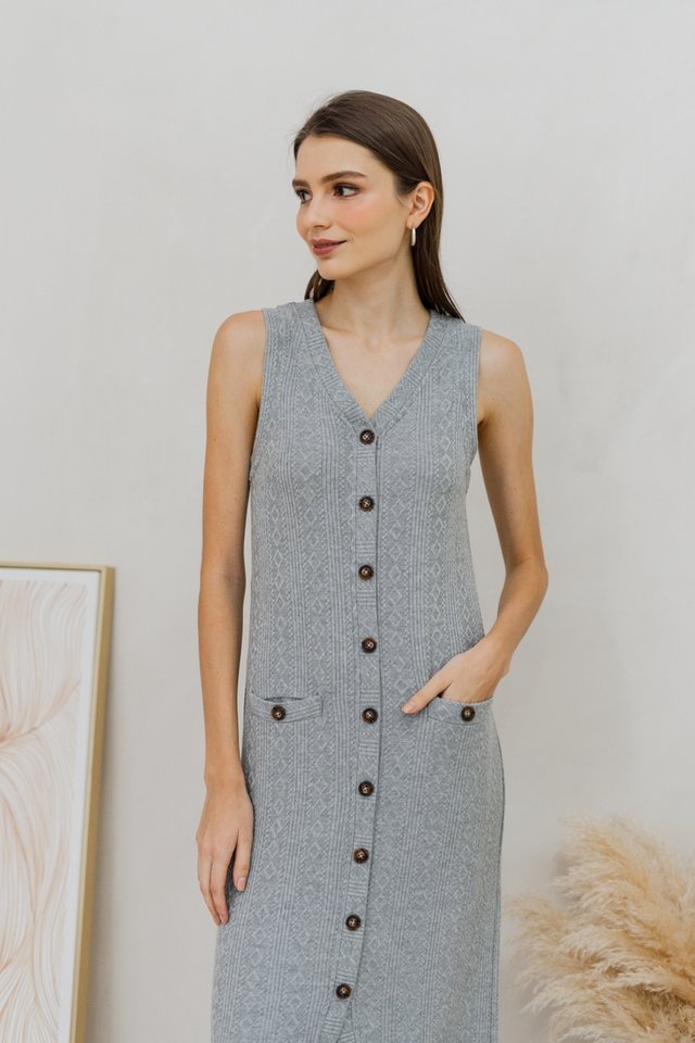 Mila Button Knit Maxi Dress in Grey